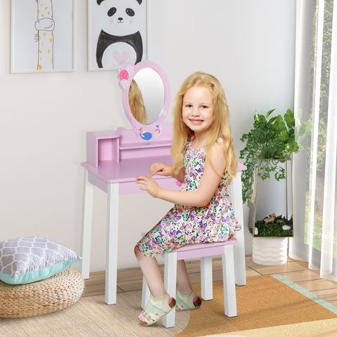 Kids Dressing Table and Stool Set Make Up Desk with Storage (Pink) HOMCOM