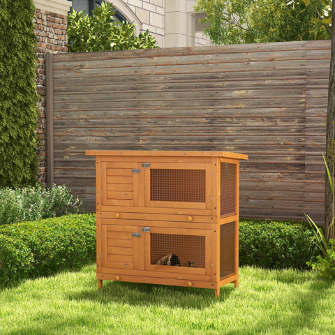 2-tier Rabbit Hutch Small Animal Wooden Bunnies House Outdoor Backyard 2 Sizes