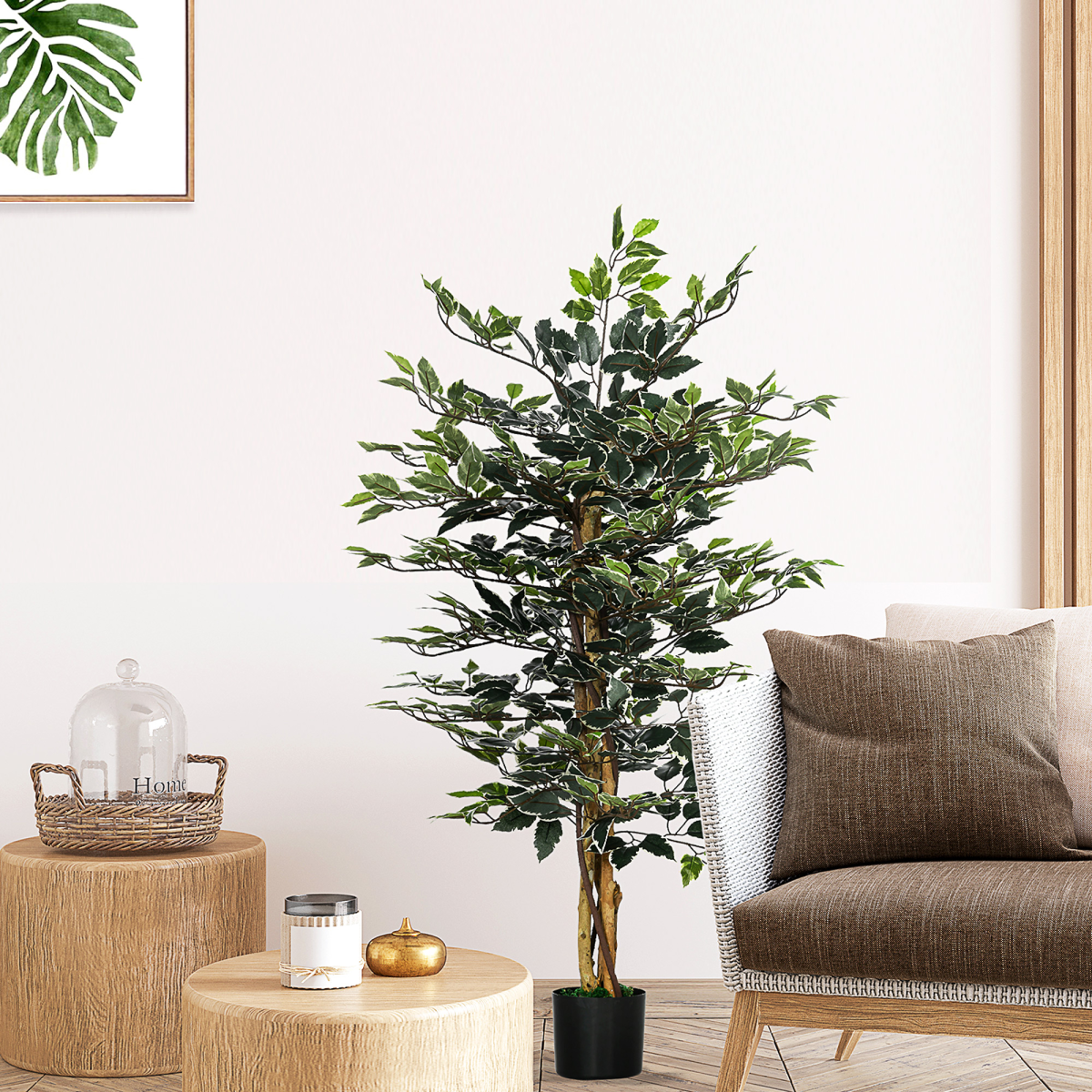 HOMCOM Artificial Ficus Tree with Lifelike Leaves and Natural Trunks Green