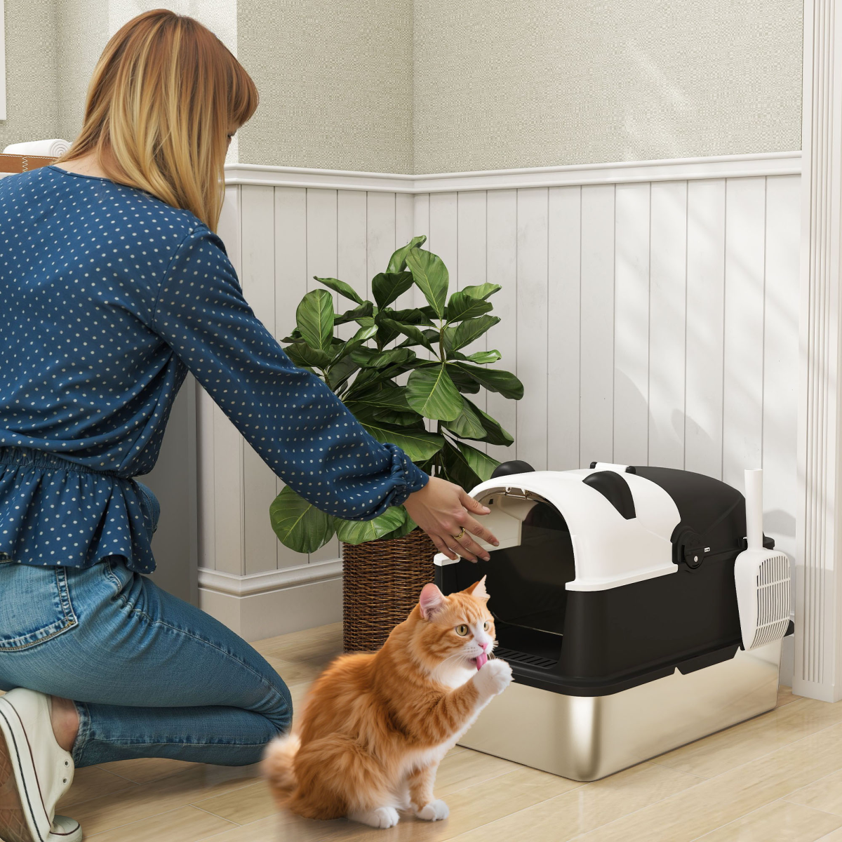 PawHut XL Stainless Steel Litter Box Tray with Lid, Panda Style