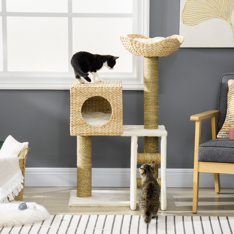 Cat Tree Kitten Tower Cattail Weave w/ Scratching Posts, Bed, House Pawhut