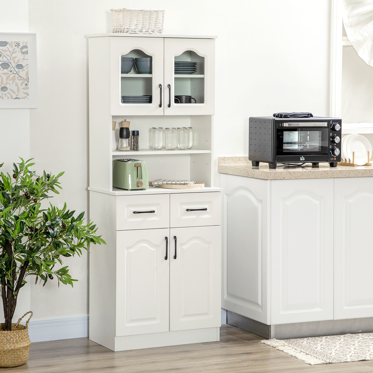 168cm Kitchen Cupboard Storage Cabinet w/ Shelves & Drawers,Open Counter White