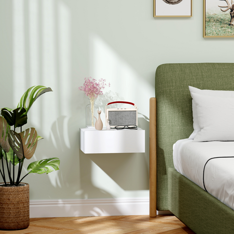HOMCOM Floating Bedside Table, Wall-Mounted Side Table for Bedroom, White