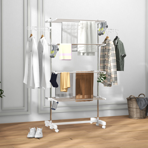 4 Layers Folding Cloth Hanger Stand Rail W/Wheels-White/Silver