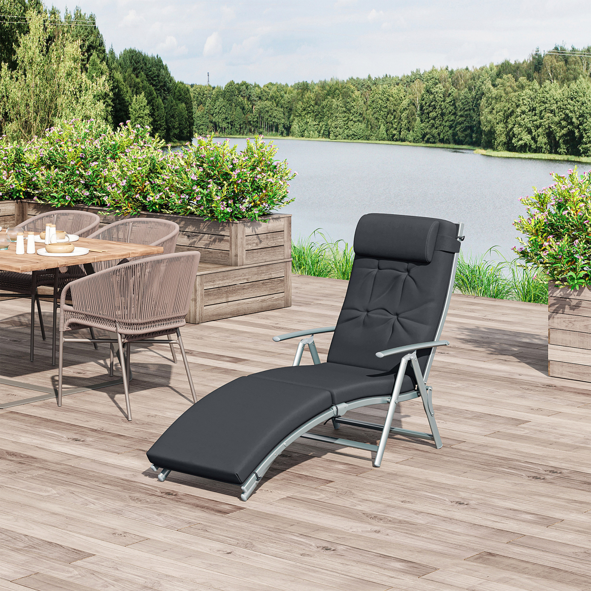 Steel Frame Outdoor Garden Padded Sun Lounger w/ Pillow Black