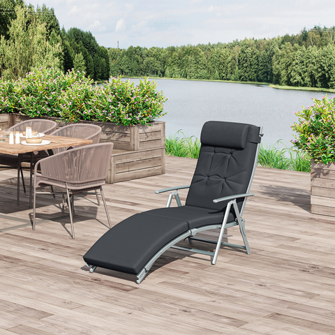 Steel Frame Outdoor Garden Padded Sun Lounger w/ Pillow Black