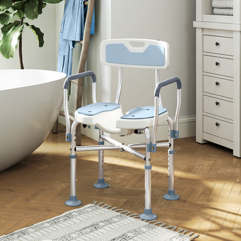 HOMCOM Padded Bath Chair with Slotted Seat and Adjustable Height, Light Blue