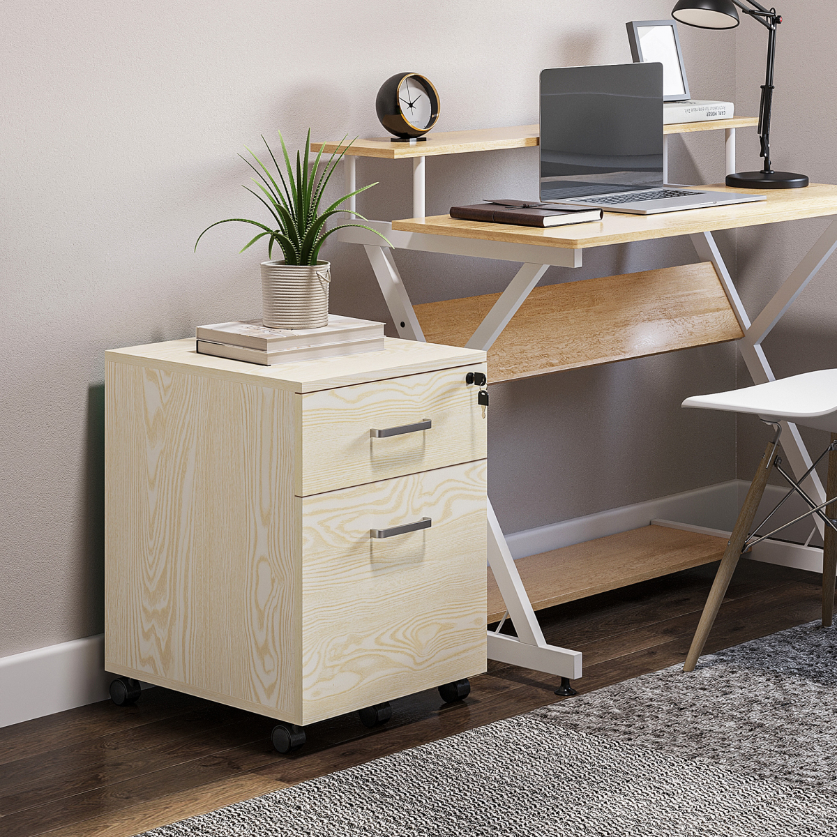 2-Drawer Locking Office Filing Cabinet 5 Wheels Rolling Storage Oak Vinsetto