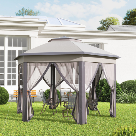 4.05m x 4.05m Metal Frame Mesh Draped 2-Tier Roof Gazebo Brown