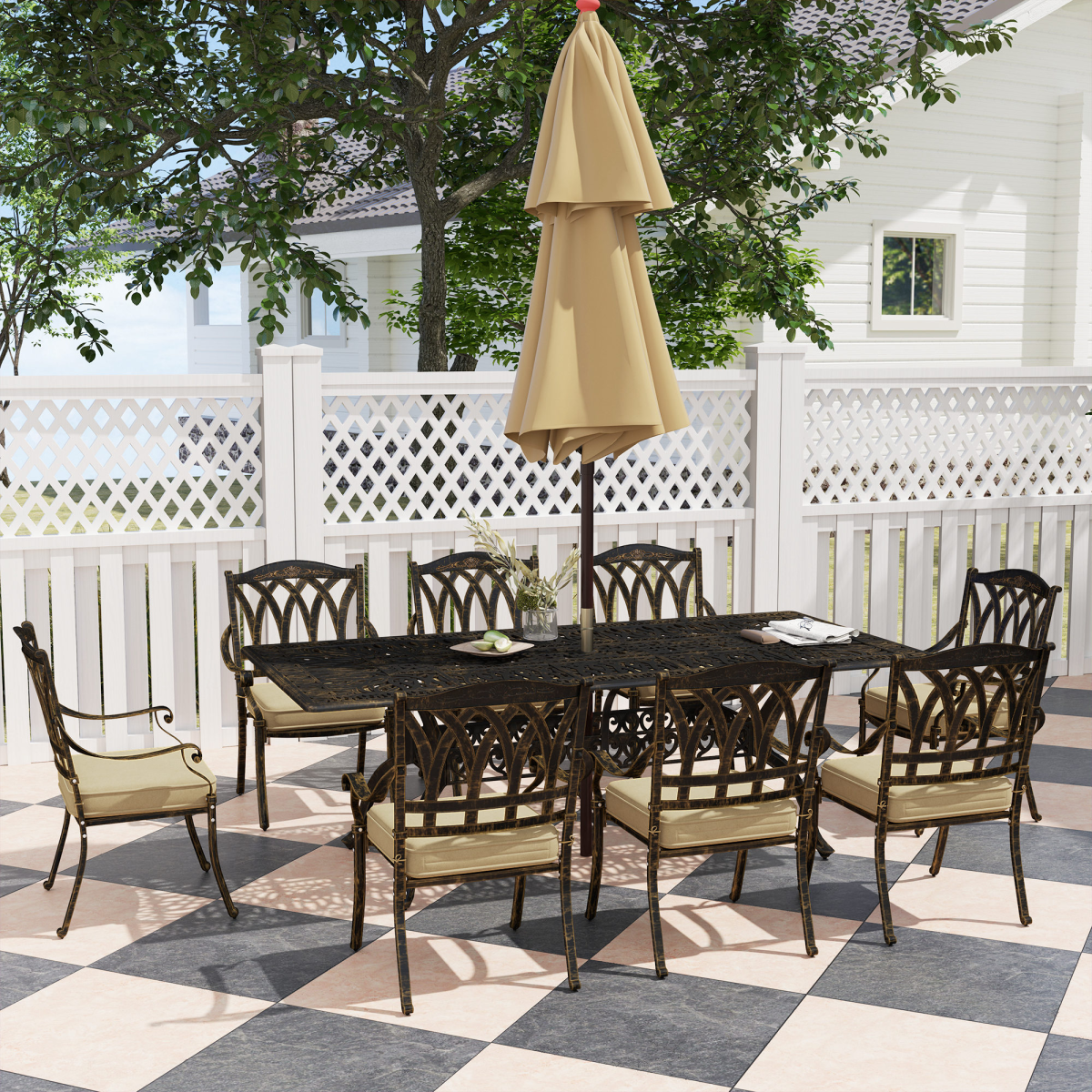 Elegant Nine-Piece Dining Set with Cushions & Parasol Hole for Outdoor Use