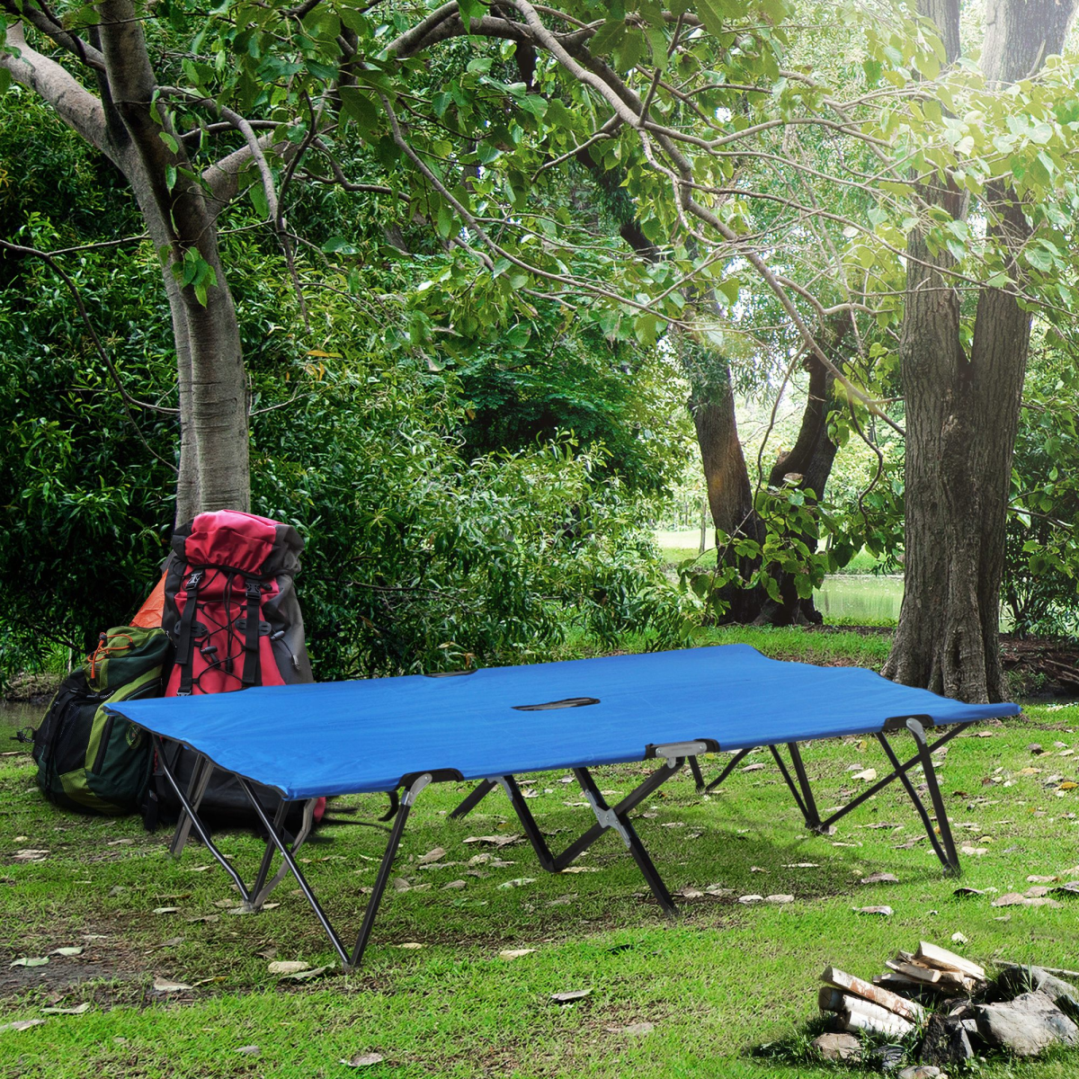 Double Camping Folding Cot Outdoor Portable Sunbed w/ Carry Bag, Blue Outsunny