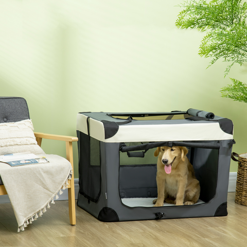 91cm Foldable Pet Carrier w/ Cushion, for Large Dogs and Cats - Grey Pawhut