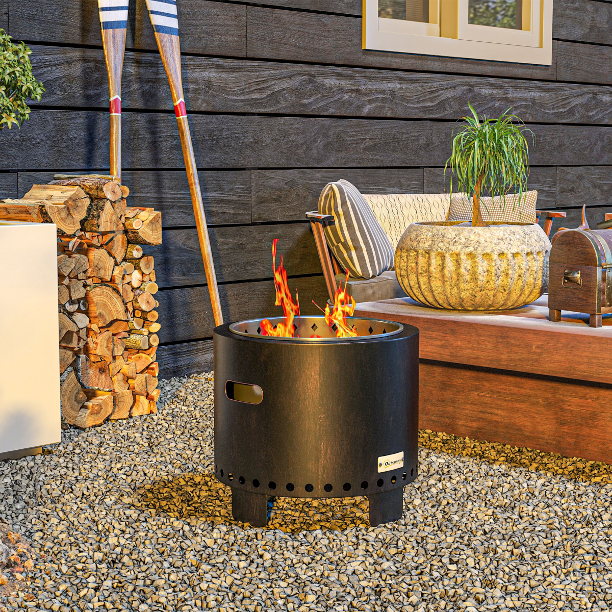 Outsunny 45cm Smokeless Wood Burning Firepit Metal Fire Pit, Black