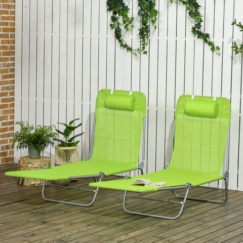 Outsunny 2 Piece Folding Sun Loungers with Adjustable Backrest, Pillow, Green