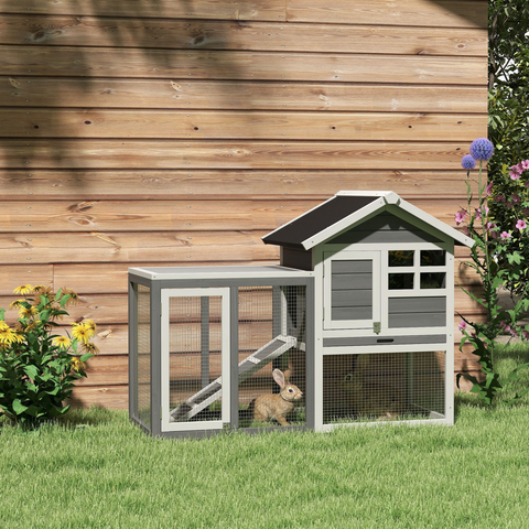 122cm Wooden Rabbit Hutch Bunny Cage Pet House with Tray Ladder Run Pawhut