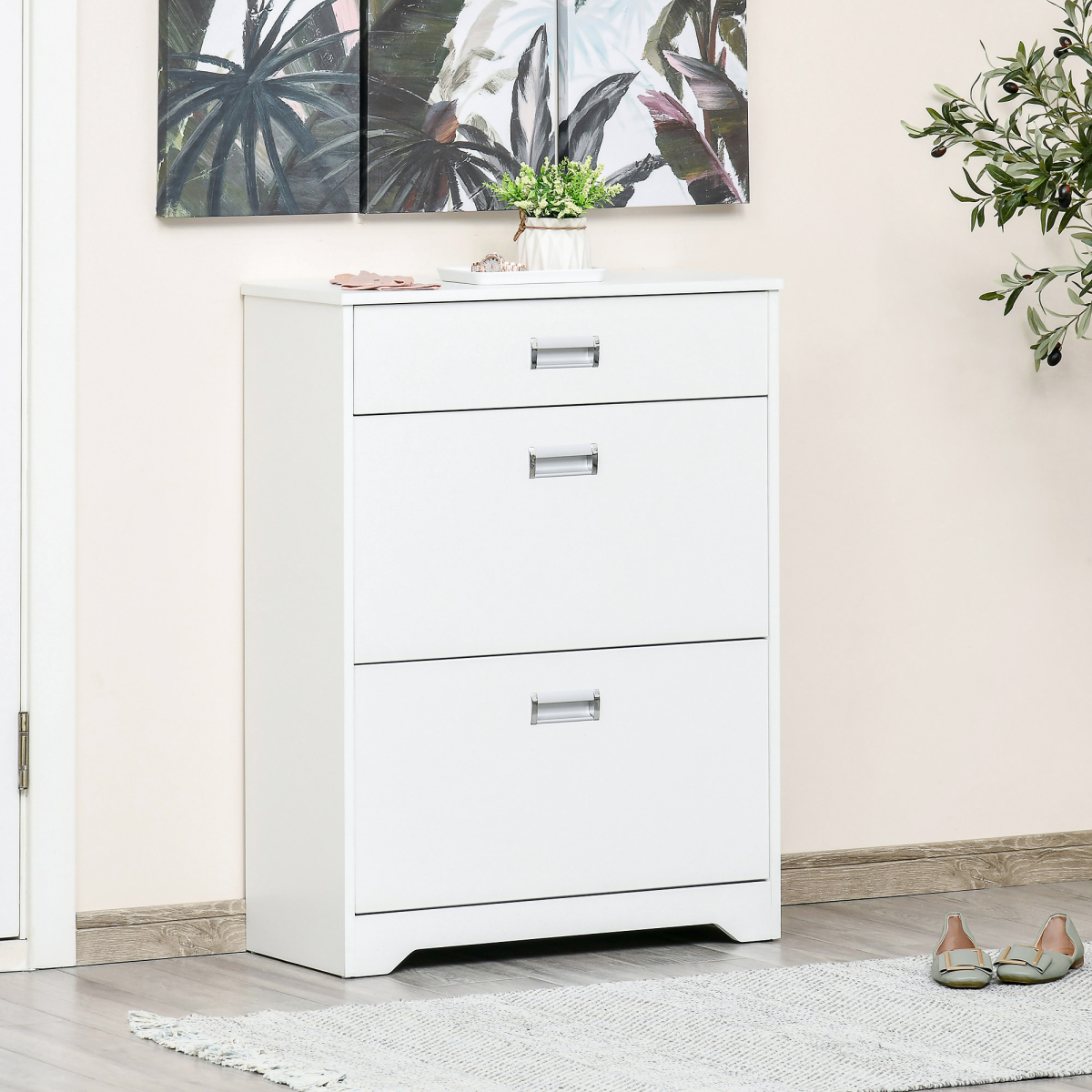 Tipping Shoe Cabinet Hall Organizer  Flip Drawers for Entry 16 Pairs