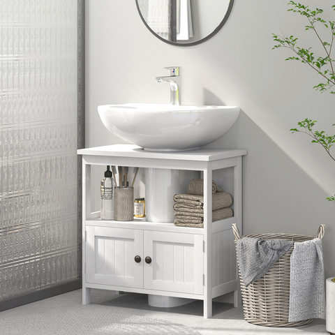 kleankin Bathroom Pedestal Under Sink Cabinet  Storage Shelves, Door, White