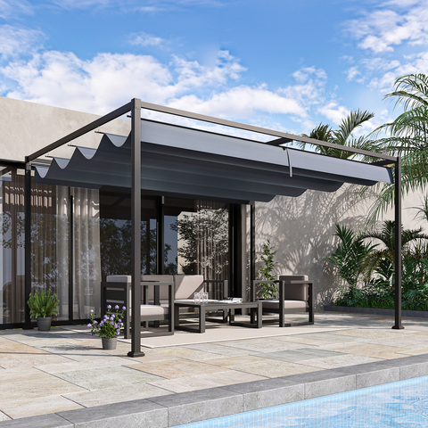4 x 3m Metal Pergola Gazebo Patio Sun Shelter Retractable Canopy Grey Outsunny