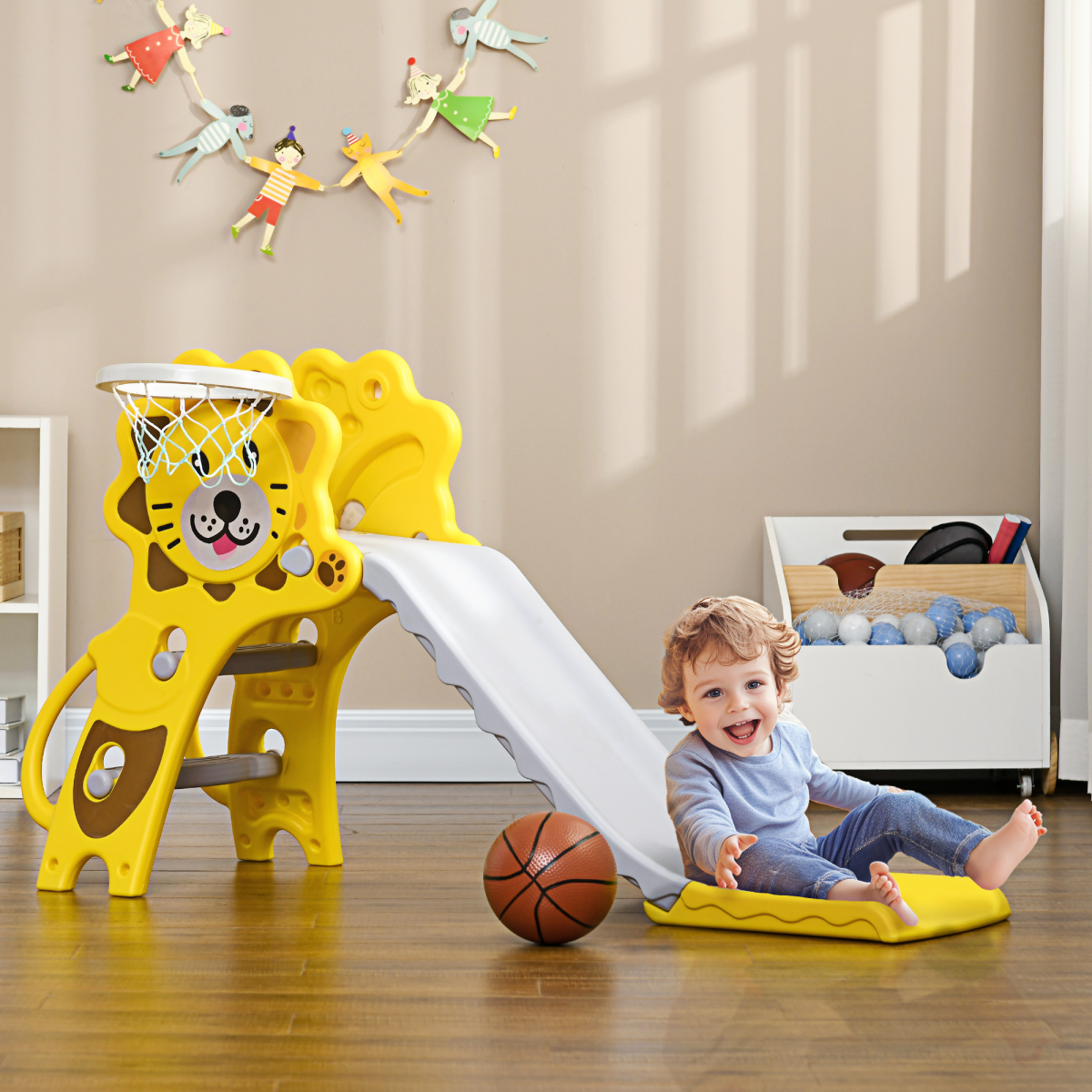 AIYAPLAY 2 in 1 Kids Slide for Indoor Use with Basketball Hoop for 18-36 Months