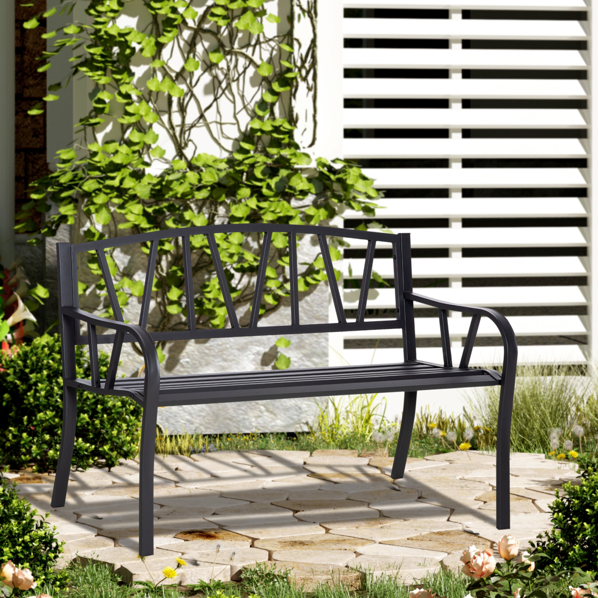2-Seater Bench Solid Metal Loveseat Decorative Backrest Ergonomic Armrest