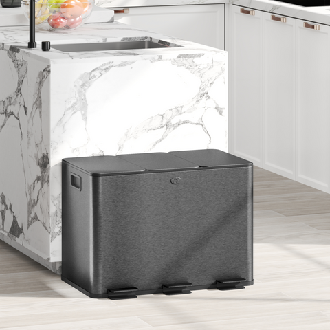 HOMCOM 3 x 20L Triple Kitchen Bin Pedal Bin for Recycling and Waste, Black