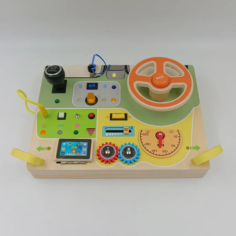 Natural Wood Car Driving Steering Wheel Montessori Busy Board with LED Lights, Engine Sounds, and Key Turn, Sensory Toy for Motor Skill Cognition Game