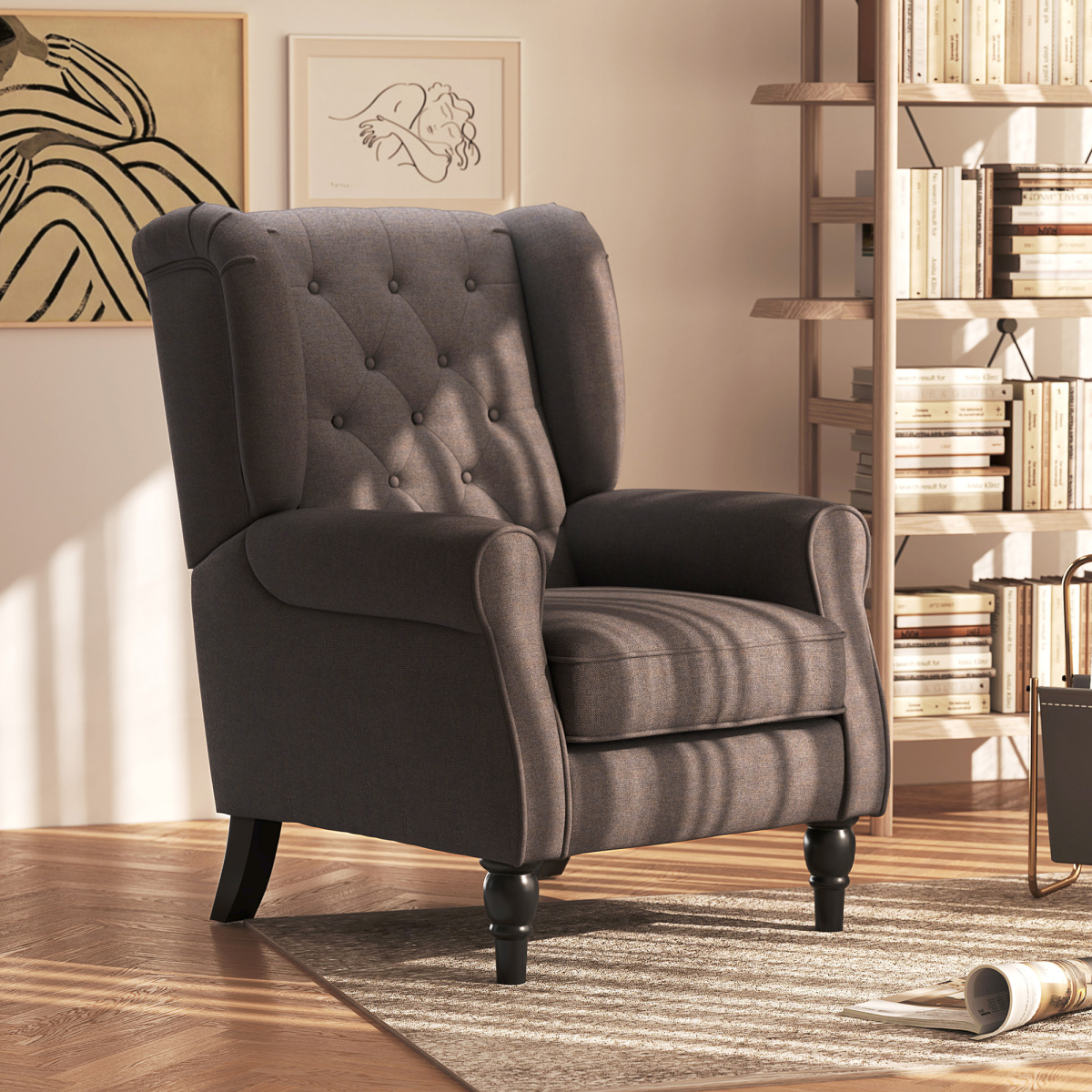 Retro Accent Chair Wingback Armchair with Wood Frame for Living Room Brown