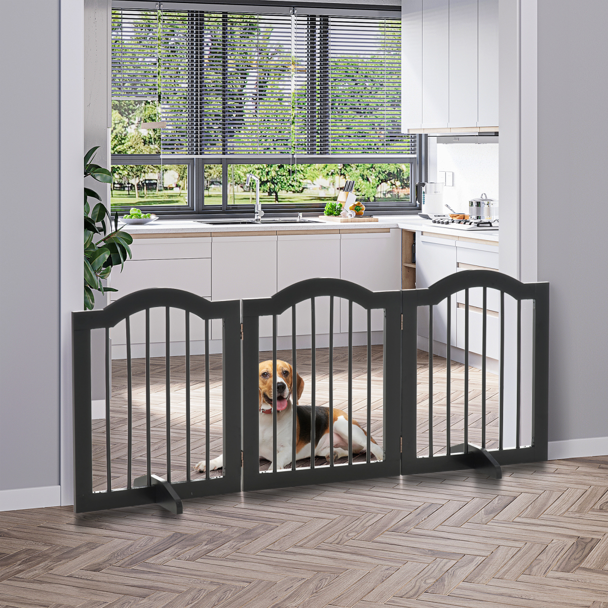 3 Panels Dog Gate w/ Support Feet Fence Safety Barrier Freestanding Wood Black