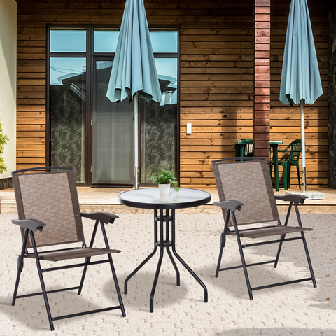 3 PCS Patio Furniture Bistro Set with Folding Chairs Tempered Glass Table Brown