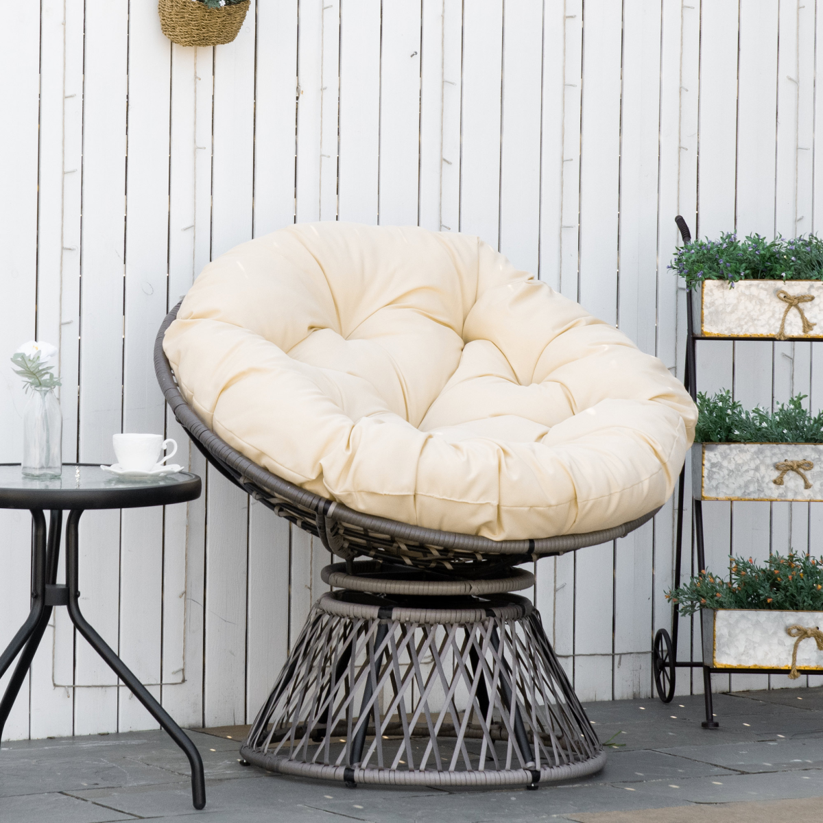 360??Swivel Rattan Papasan Moon Bowl Chair Round Outdoor w/ Padded Outsunny