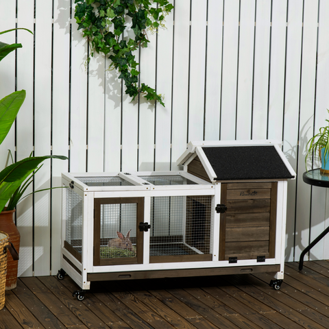 Rabbit Hutch Guinea Pig Cage with Slide-out Tray Wheels for Outdoor & Indoor