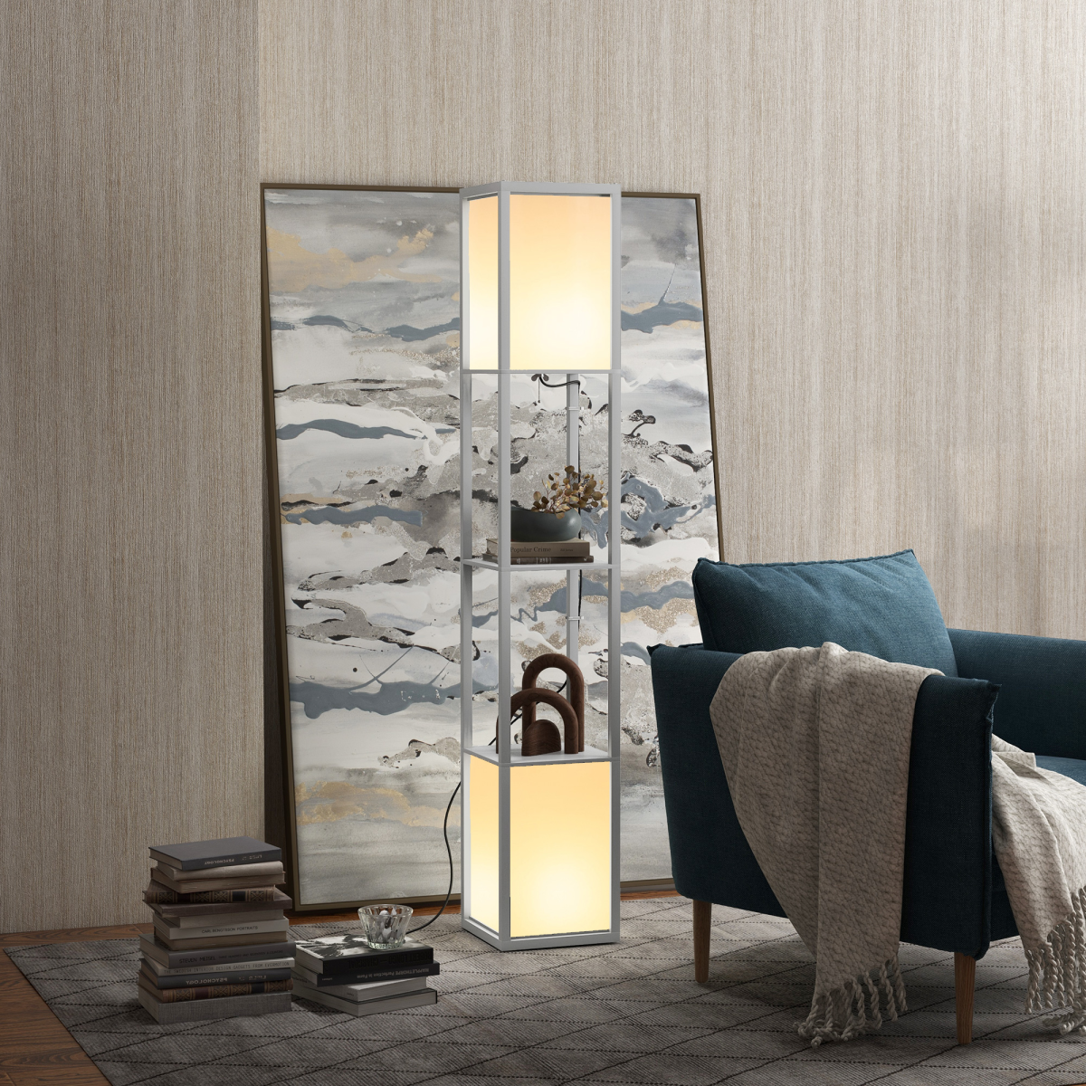 HOMCOM Shelf Floor Lamp with Dual Light, for Living Room, Bedroom, Black