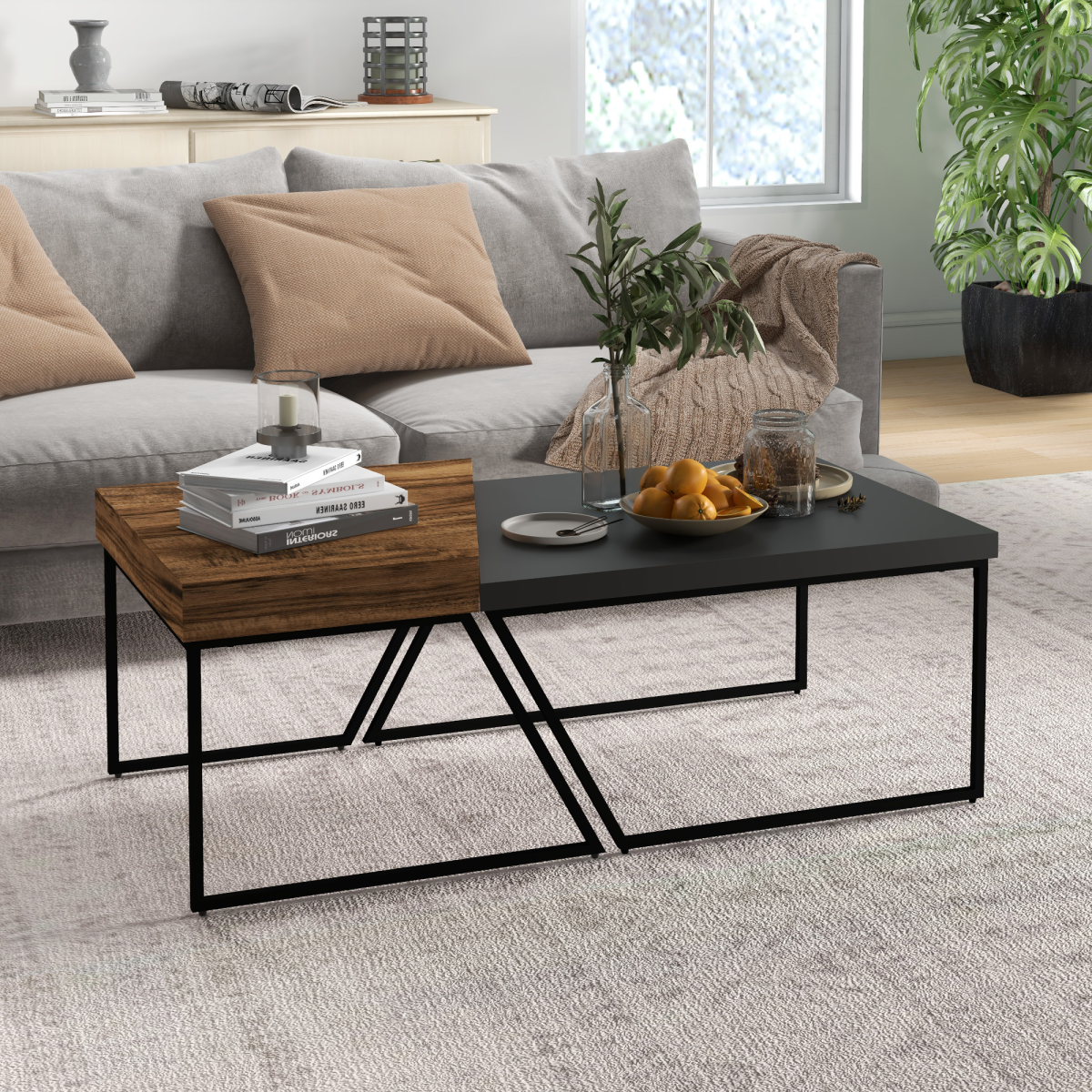 HOMCOM Coffee Table Set of 2, Coffee Tables with Steel Frame for Living Room