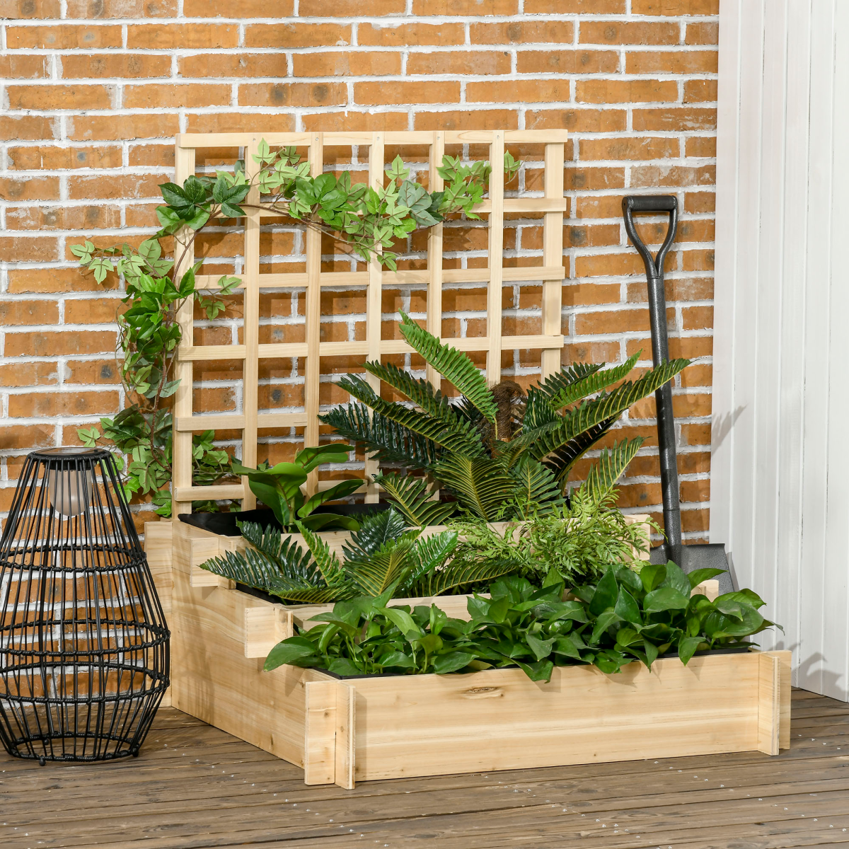 Outsunny 3 Tier Wooden Garden Planters with Trellis for Vine Climbing Plants