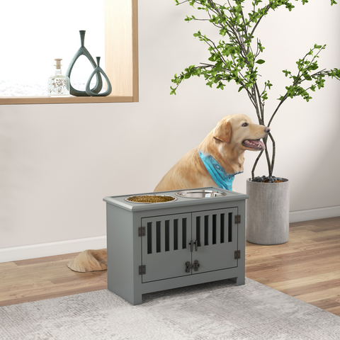 PawHut Raised Dog Bowls for Large Dogs Feeding Station with Stand Storage - Grey