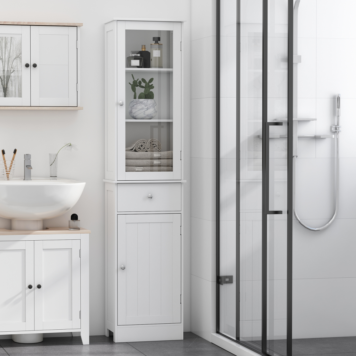 Bathroom Storage Cabinet with 3-tier Shelf Drawer Glass Door, Shelves, White