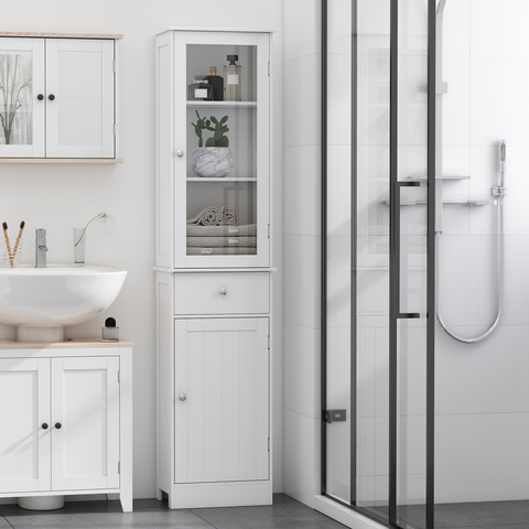 Bathroom Storage Cabinet with 3-tier Shelf Drawer Glass Door, Shelves, White