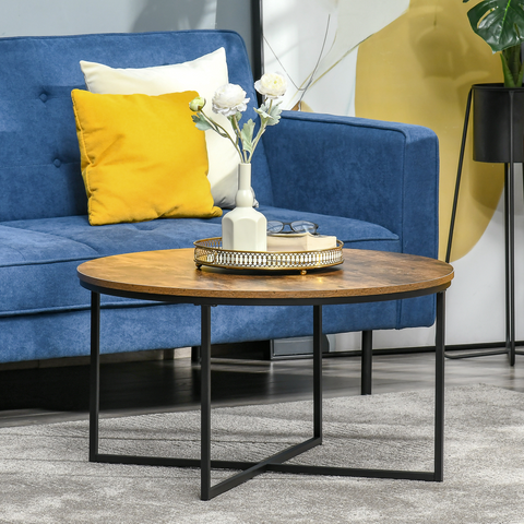 Industrial Round Side Table with Metal Frame, Large Tabletop, Rustic Brown