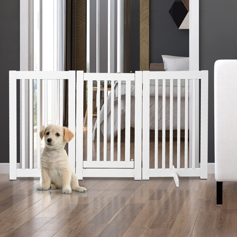 MDF Dog Gate Step over Panel Fence Expandable Folding w/Latch Support Feet White