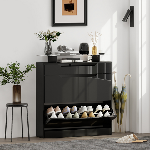 HOMCOM Shoe Cabinet with 3 Drawers, High Gloss Front Panels, Glass Top Black