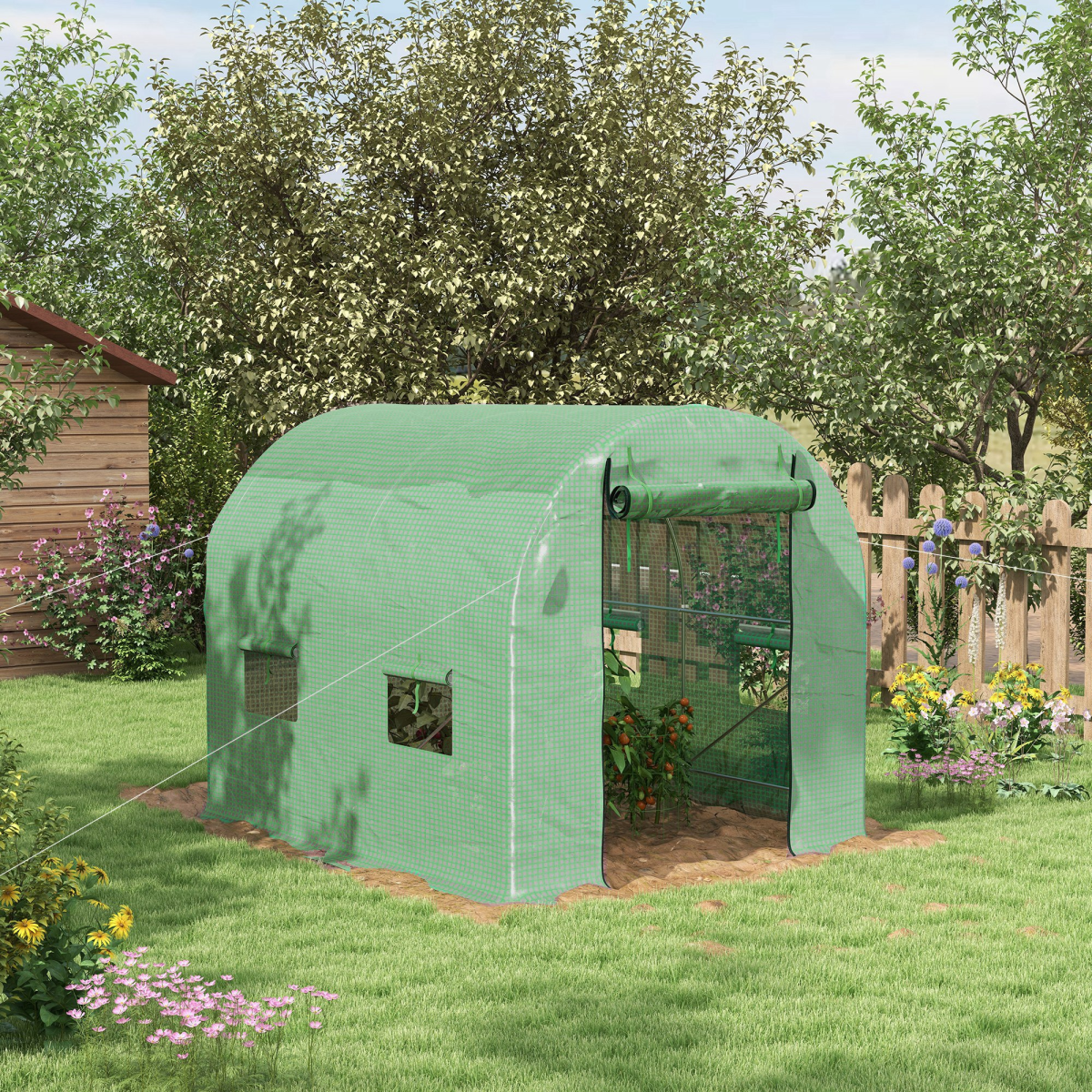 2.5 x 2m Walk-In Polytunnel Greenhouse with Steel Frame Roll Up Door Green