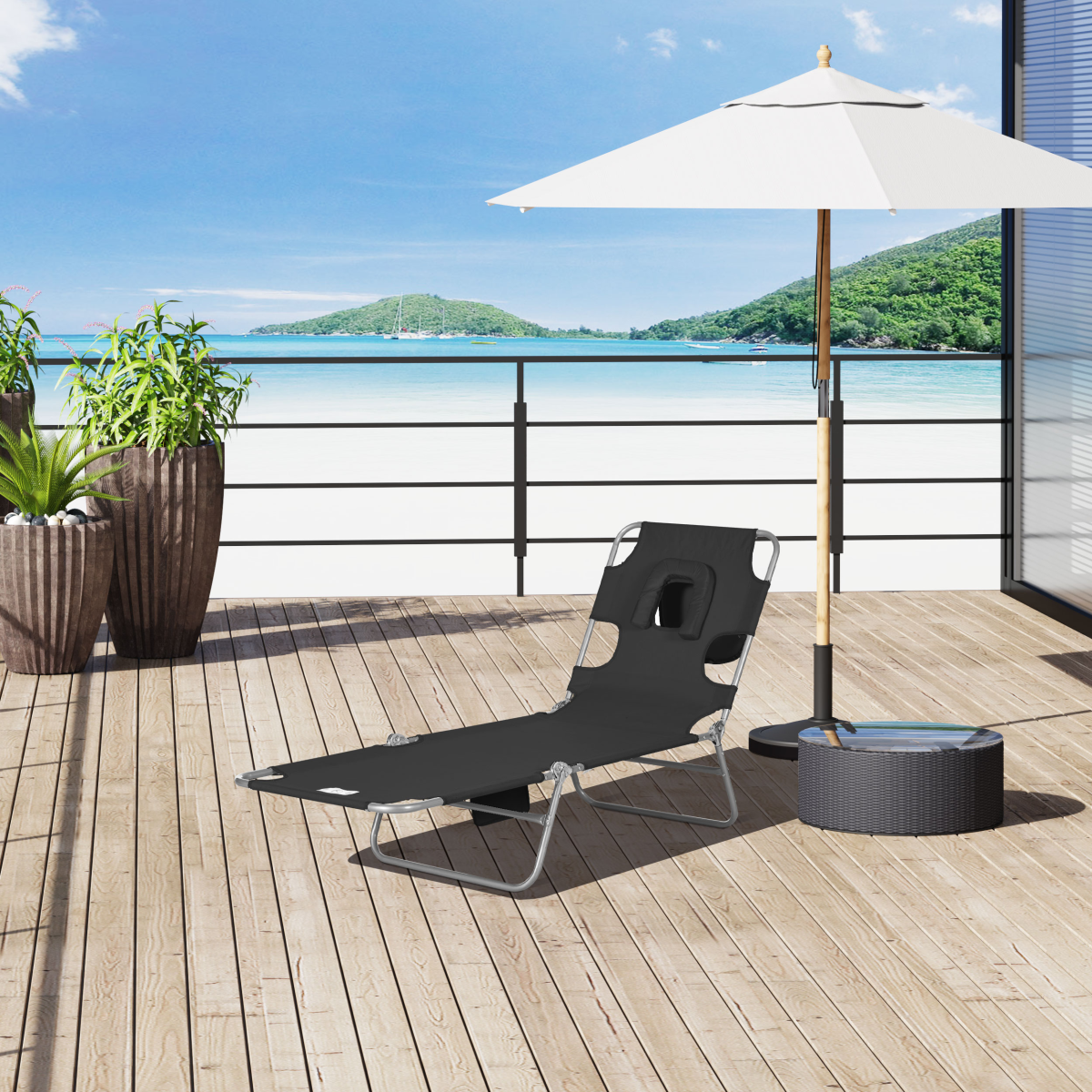 Patio Foldable Sun Lounger 5 Level Adjustable Reclining Chair Black