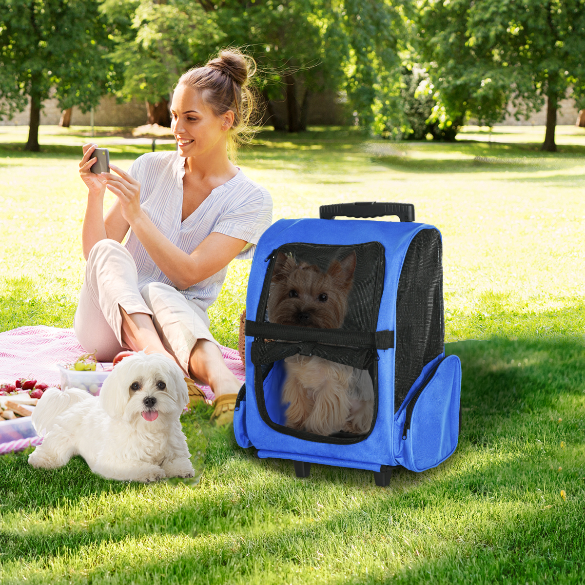 Pet Travel Backpack Bag Cat Puppy Dog Carrier w/ Trolley and Telescopic Wheel