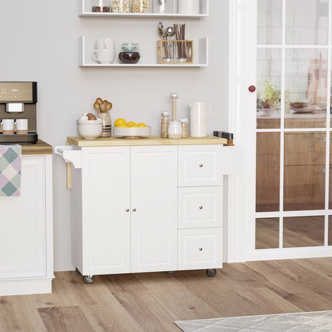 Drop-Leaf Kitchen Island on Wheels Utility Storage Cart with Drawers & Cabinet