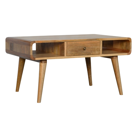 Artisan Furniture Solid Wood Curved Oak-ish Coffee Table, Beige, 2Drawers