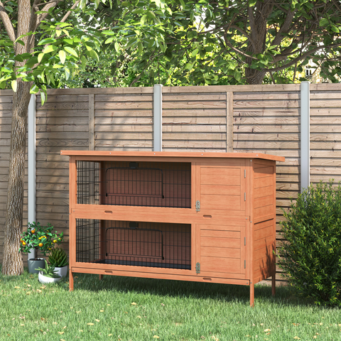 Rabbit Hutch for Two Rabbits Outdoor Guinea Pig Cage w/ Removable Trays, Orange