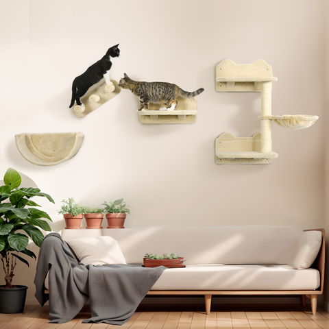 Wall-Mounted Cat Shelves w/ Hammock, Nest, Scratching Post - Beige Pawhut