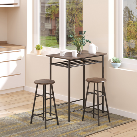 Bar Set includes 1 Bar Table and 2 Stools with Metal Frame Black and Oak
