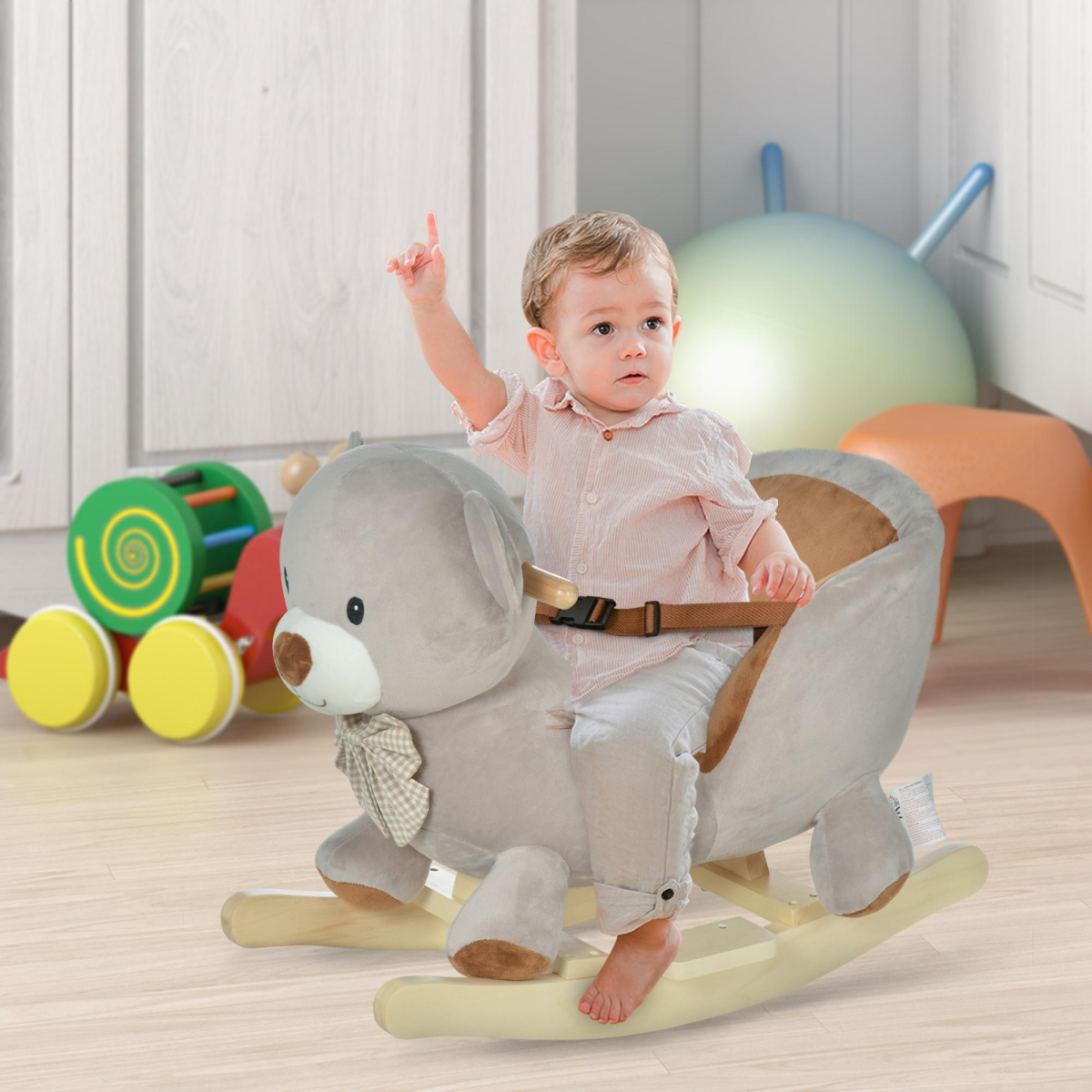 Kids Rocking Bear Plush Ride On Seat Sound Button Wood Base Seat Belt HOMCOM