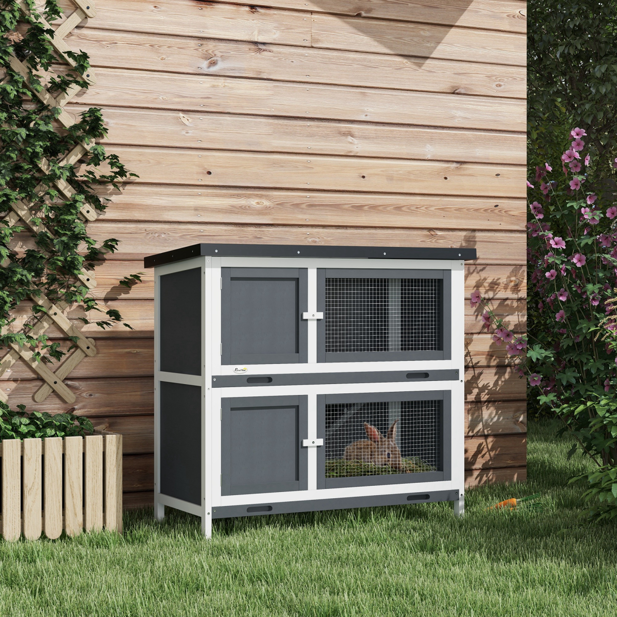 PawHut Double Decker Rabbit Hutch Bunny Cage Pet House Outdoor with Tray, Grey